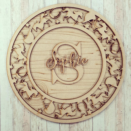 OL567 - MDF Personalised Circle Plaque Frame - Horse  Theme - Olifantjie - Wooden - MDF - Lasercut - Blank - Craft - Kit - Mixed Media - UK