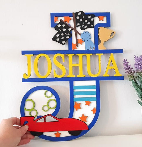 SL086 -  Racing Car Themed Split Layered Personalised Letter - Olifantjie - Wooden - MDF - Lasercut - Blank - Craft - Kit - Mixed Media - UK