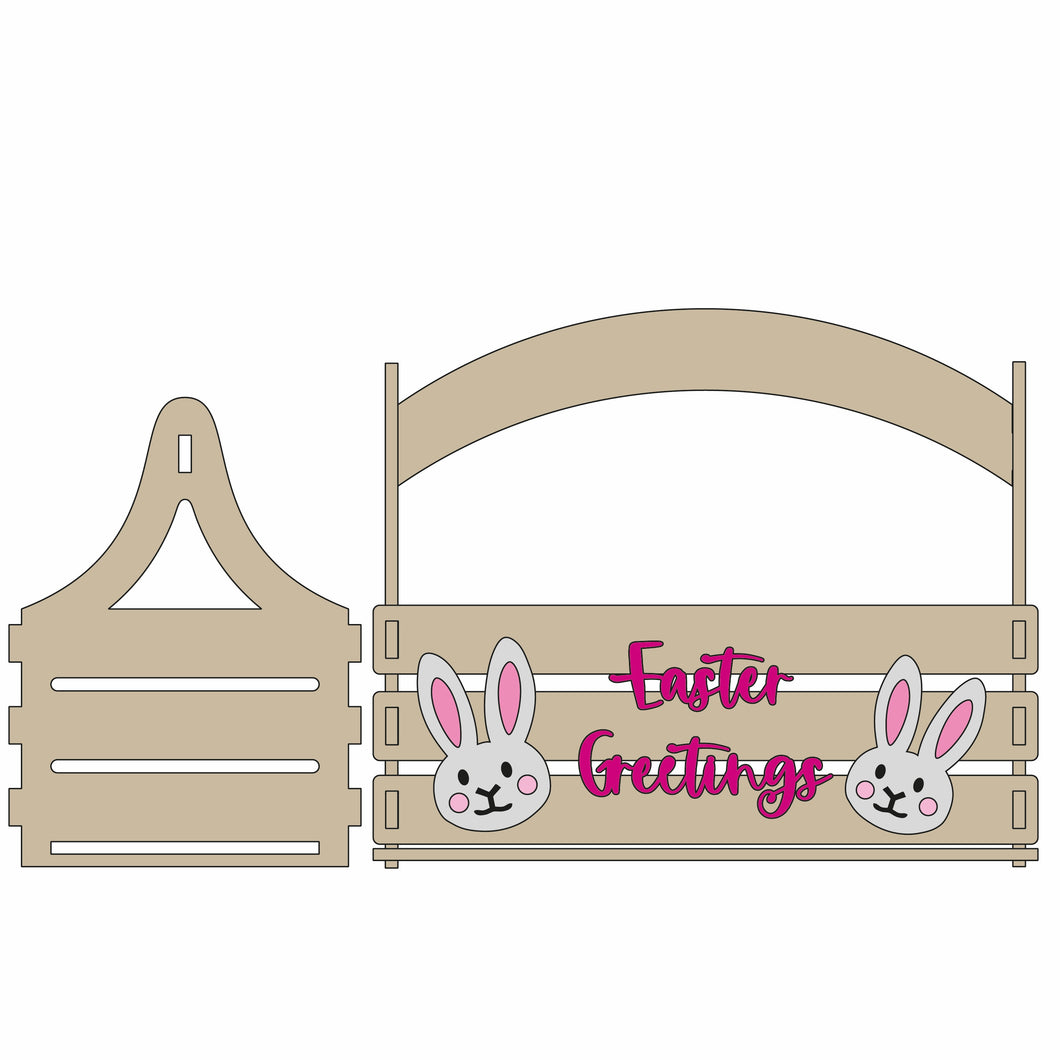 BK002 - MDF Slatted Basket - Easter Greetings ‘Bunny’ Theme - Olifantjie - Wooden - MDF - Lasercut - Blank - Craft - Kit - Mixed Media - UK
