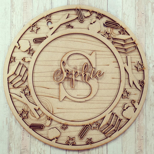 OL568 - MDF Personalised Circle Plaque Frame - School Theme - Olifantjie - Wooden - MDF - Lasercut - Blank - Craft - Kit - Mixed Media - UK