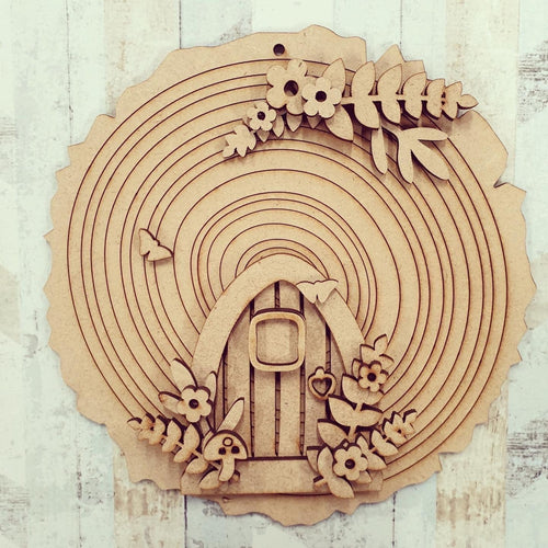 SFD002 - MDF Mystical Forest Fairy Door - Wood Slice with Hanging Option - Olifantjie - Wooden - MDF - Lasercut - Blank - Craft - Kit - Mixed Media - UK