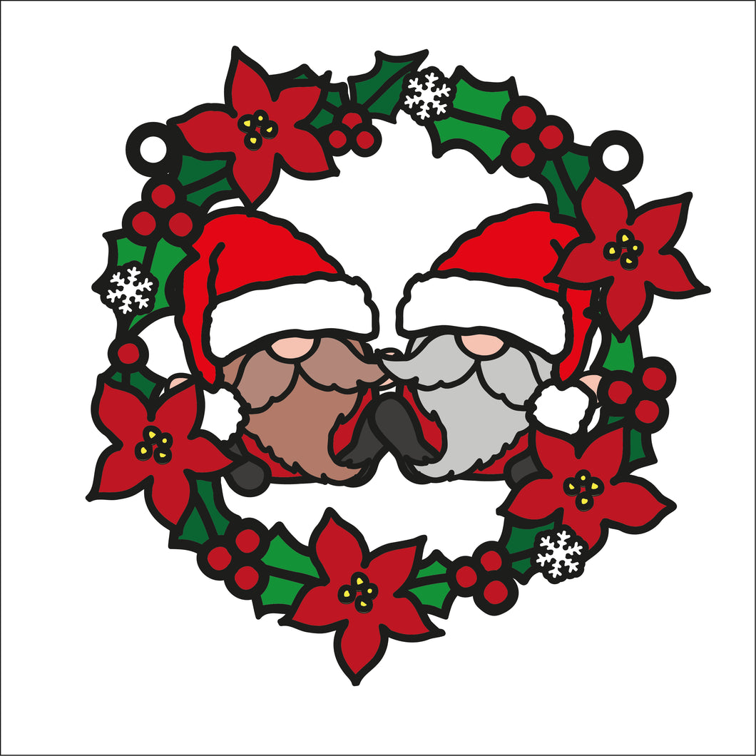 OL2705 - MDF Christmas Gonk / Gnome Couple doodle Holly Bauble - 2 Males - Olifantjie - Wooden - MDF - Lasercut - Blank - Craft - Kit - Mixed Media - UK