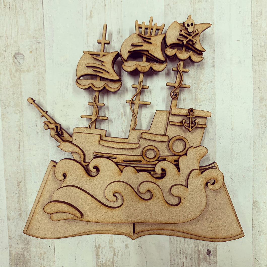 SJ267 - MDF Sarah Jane Pirate Ship Book Scene - Olifantjie - Wooden - MDF - Lasercut - Blank - Craft - Kit - Mixed Media - UK