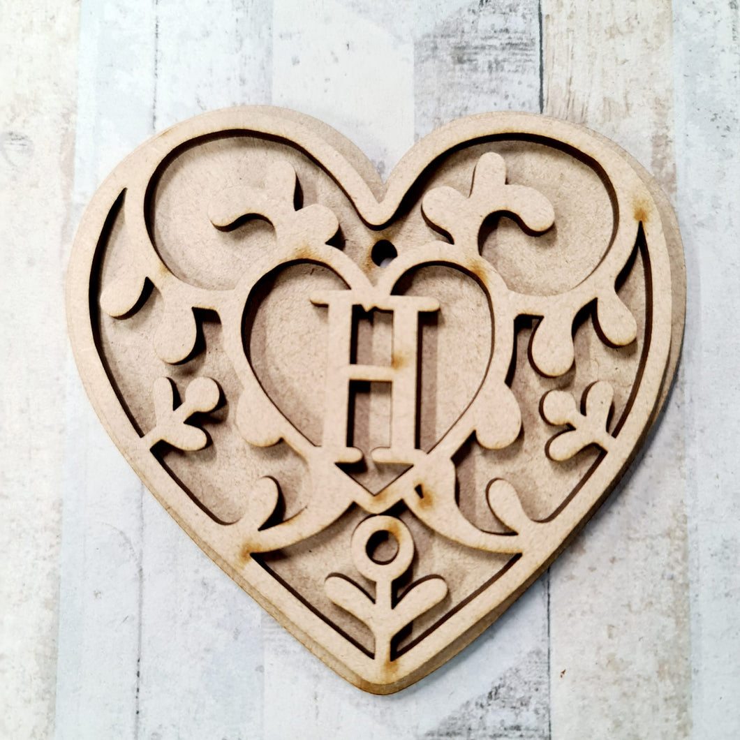 OL1164 - MDF Hanging Initial Heart Cookie Bauble - optional add on banner - Olifantjie - Wooden - MDF - Lasercut - Blank - Craft - Kit - Mixed Media - UK