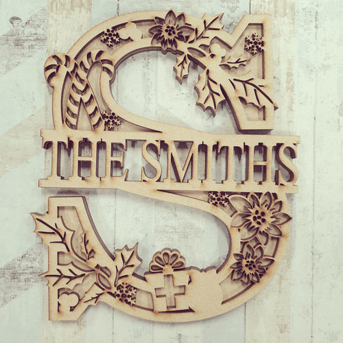 SL079 -  Christmas Themed Split Layered Personalised With Name Letter - Olifantjie - Wooden - MDF - Lasercut - Blank - Craft - Kit - Mixed Media - UK