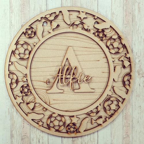 OL566 - MDF Personalised Circle Plaque Frame - Football  Theme - Olifantjie - Wooden - MDF - Lasercut - Blank - Craft - Kit - Mixed Media - UK