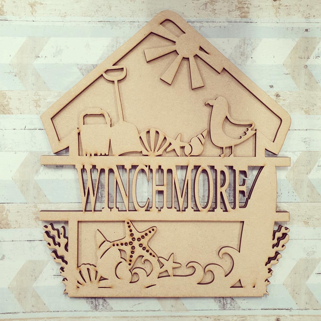 SL047 - MDF Beach Hut Themed Split Layered Personalised Plaque - Olifantjie - Wooden - MDF - Lasercut - Blank - Craft - Kit - Mixed Media - UK