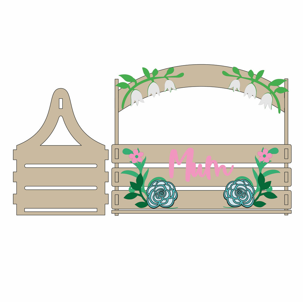 BK010 - MDF Slatted Basket - Pretty Floral Theme - Olifantjie - Wooden - MDF - Lasercut - Blank - Craft - Kit - Mixed Media - UK