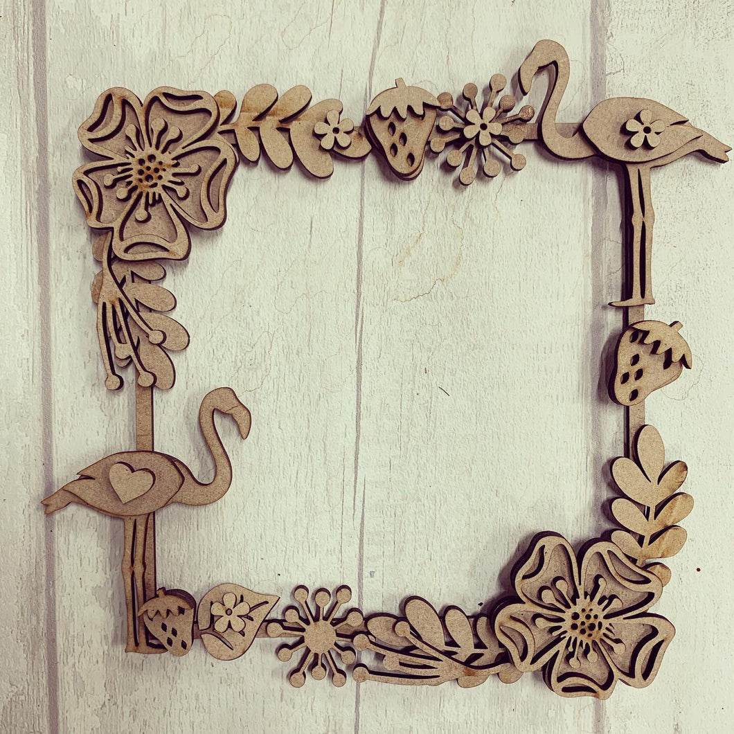 SW021 - MDF Flamingo Square Floral Wreath - Olifantjie - Wooden - MDF - Lasercut - Blank - Craft - Kit - Mixed Media - UK