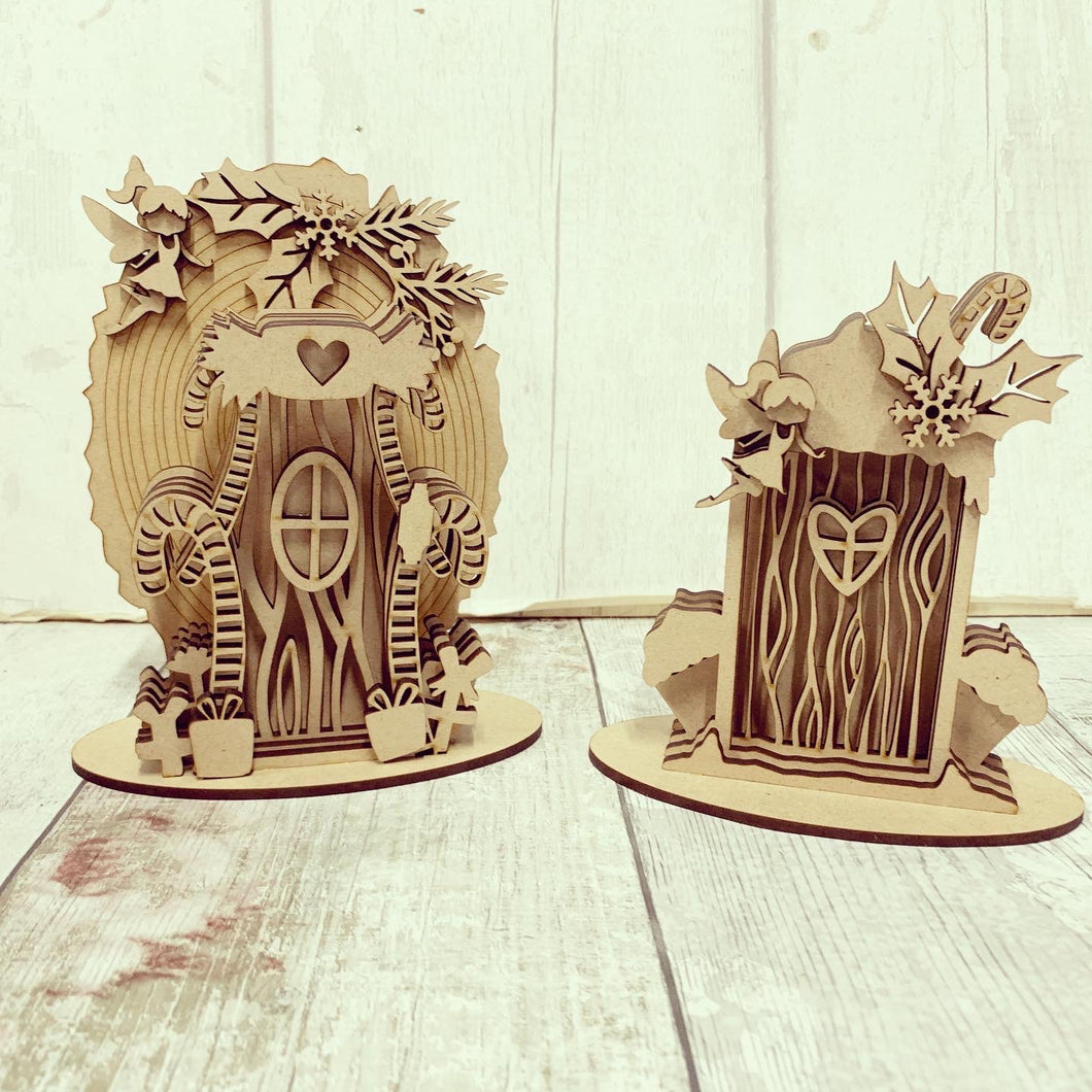 HC116 - MDF Set of Two Winter Fairy Doors - Olifantjie - Wooden - MDF - Lasercut - Blank - Craft - Kit - Mixed Media - UK