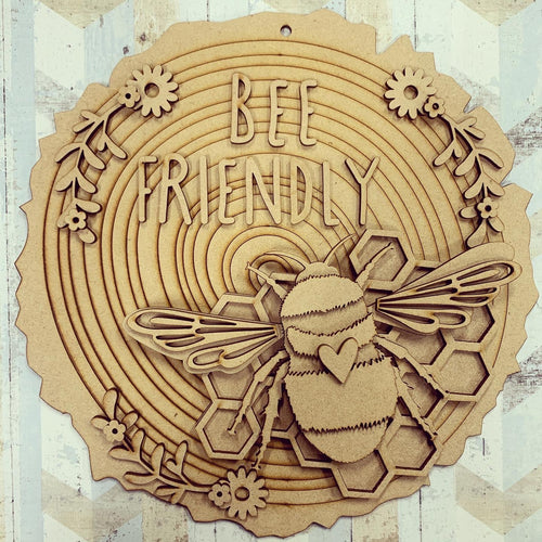 HC098 - MDF Layered ‘Bee Friendly’  Plaque - Olifantjie - Wooden - MDF - Lasercut - Blank - Craft - Kit - Mixed Media - UK