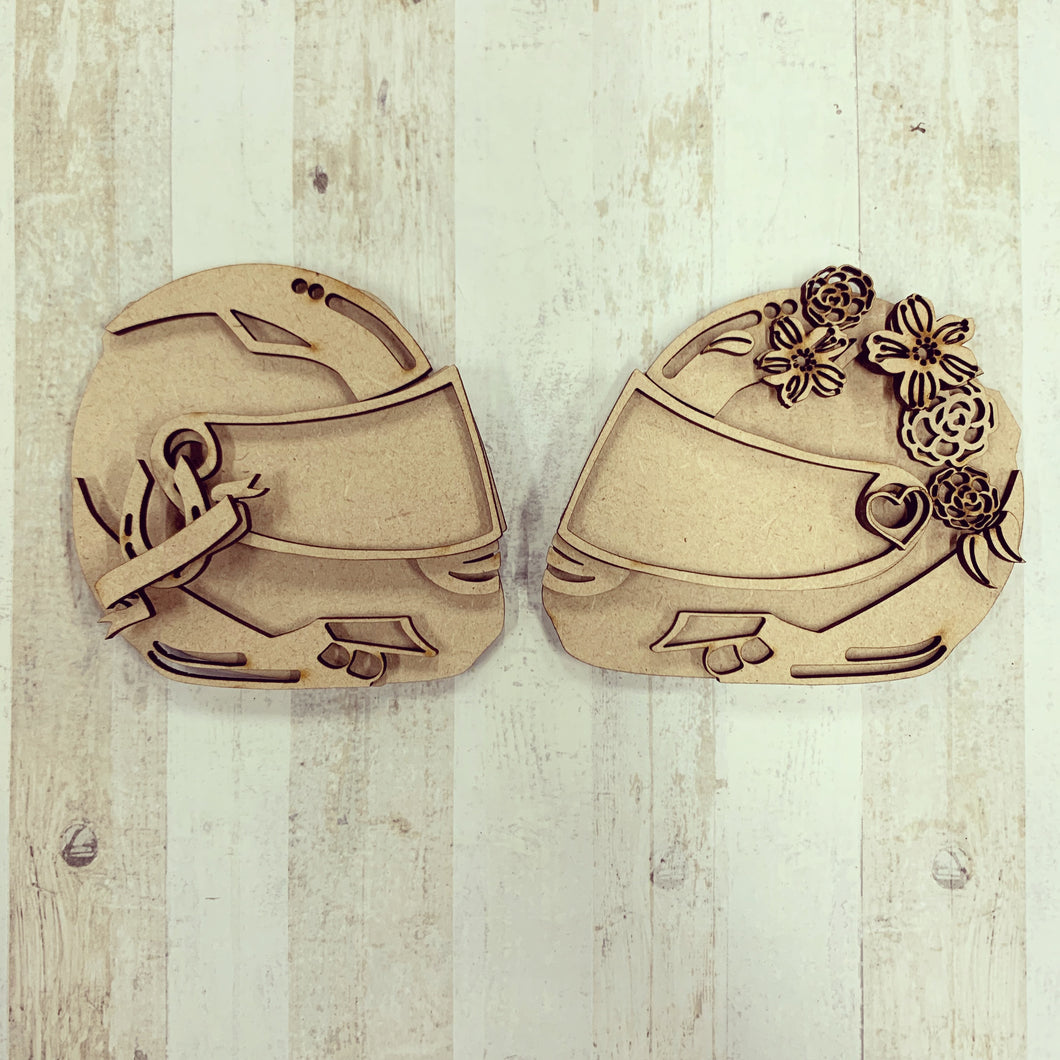 SJ227 - MDF Motorbike Helmets with Flowers - Olifantjie - Wooden - MDF - Lasercut - Blank - Craft - Kit - Mixed Media - UK