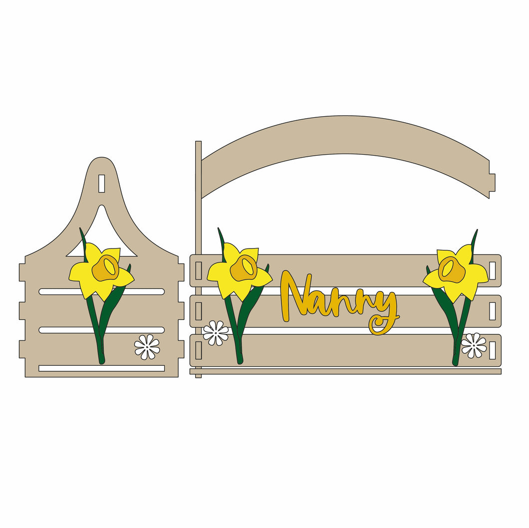 BK011 - MDF Slatted Basket - Personalised Daffodil Floral Theme - Olifantjie - Wooden - MDF - Lasercut - Blank - Craft - Kit - Mixed Media - UK