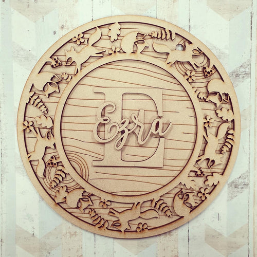 OL609 - MDF Personalised Circle Plaque Frame -   Fox Theme - Olifantjie - Wooden - MDF - Lasercut - Blank - Craft - Kit - Mixed Media - UK