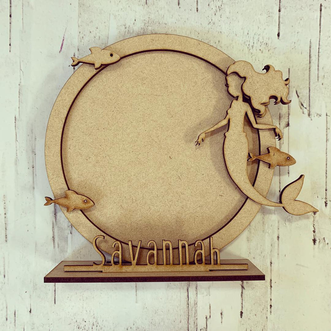 CF032 - MDF Mermaid Themed Personalised Freestanding Circular Photo Frame - Olifantjie - Wooden - MDF - Lasercut - Blank - Craft - Kit - Mixed Media - UK
