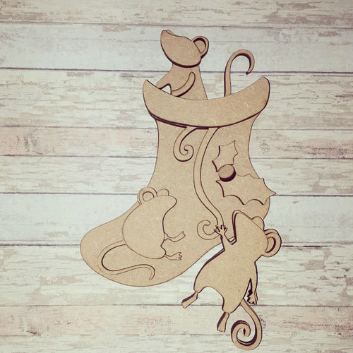 SJ349 - MDF Sarah Jane Christmas  Stocking Mice Hanging Bauble - Olifantjie - Wooden - MDF - Lasercut - Blank - Craft - Kit - Mixed Media - UK