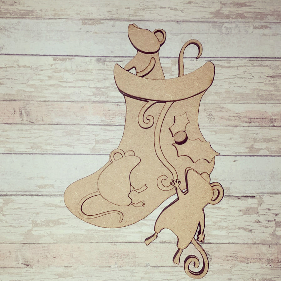 SJ349 - MDF Sarah Jane Christmas Stocking Mice Hanging Bauble - Olifantjie - Wooden - MDF - Lasercut - Blank - Craft - Kit - Mixed Media - UK