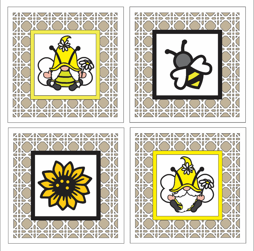 Ol2999 - MDF Rattan effect square plaque Doodle Bee Gnome theme - Style 1 - Olifantjie - Wooden - MDF - Lasercut - Blank - Craft - Kit - Mixed Media - UK