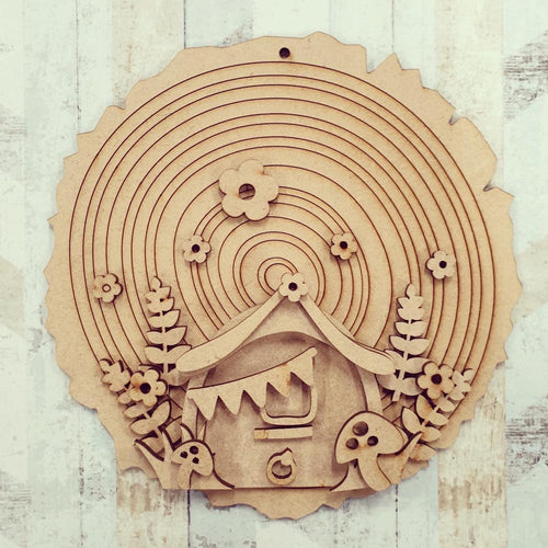 SFD001 - MDF Beautiful Flower Forest Fairy Door -  Wood Slice with Hanging Option - Olifantjie - Wooden - MDF - Lasercut - Blank - Craft - Kit - Mixed Media - UK