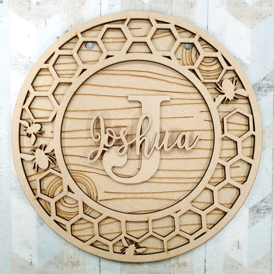OL787 - MDF Personalised Circle Plaque Frame - Honeycomb & Bees Theme - Olifantjie - Wooden - MDF - Lasercut - Blank - Craft - Kit - Mixed Media - UK