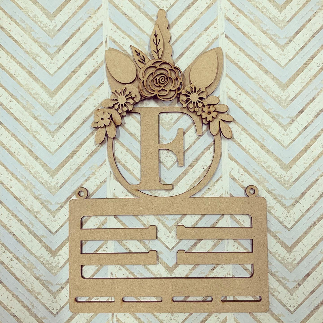 BH002 - MDF Unicorn Horn Floral Initial Bow Holder - 4 flower choices - Olifantjie - Wooden - MDF - Lasercut - Blank - Craft - Kit - Mixed Media - UK