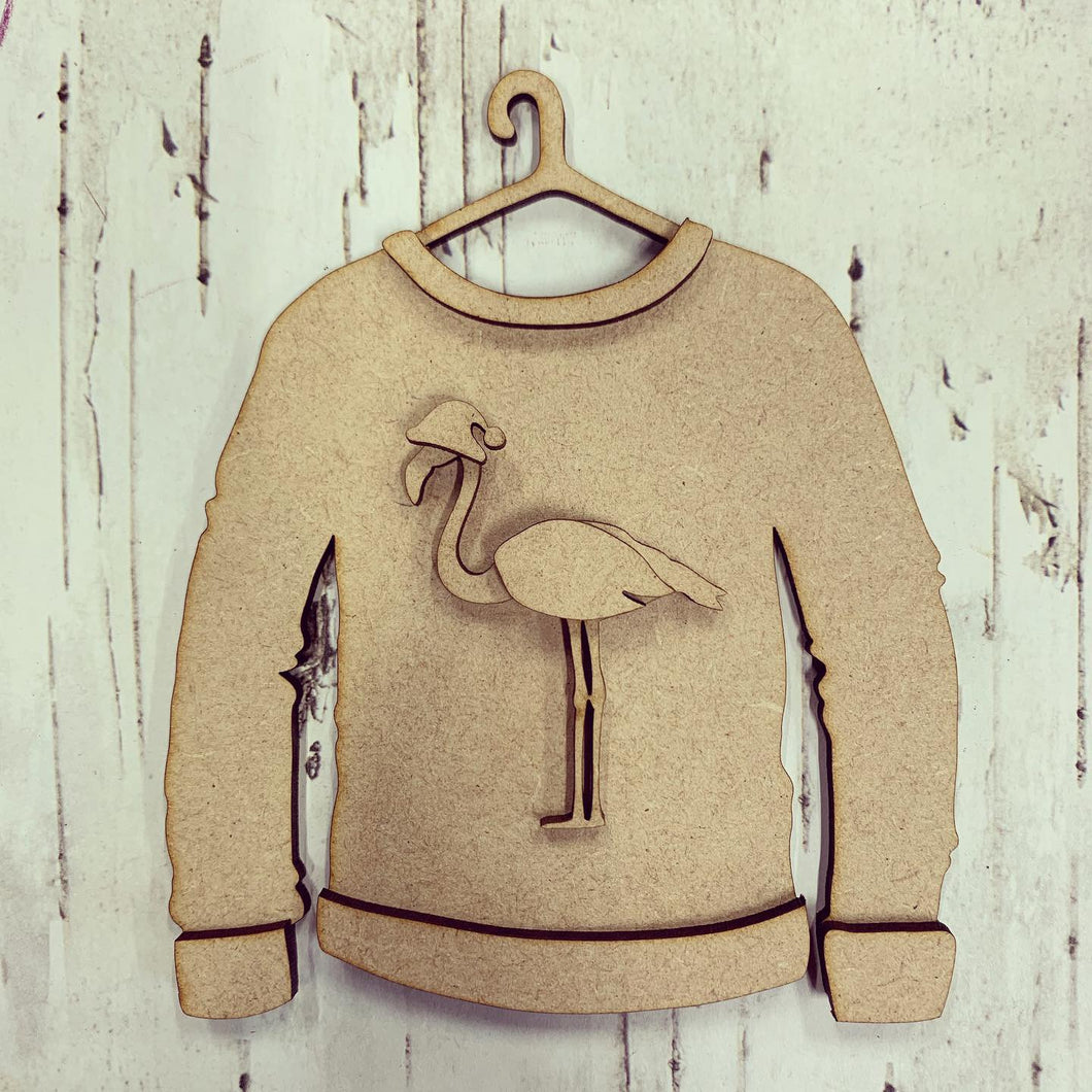 SJ234 - MDF Flamingo Christmas Jumper - Olifantjie - Wooden - MDF - Lasercut - Blank - Craft - Kit - Mixed Media - UK