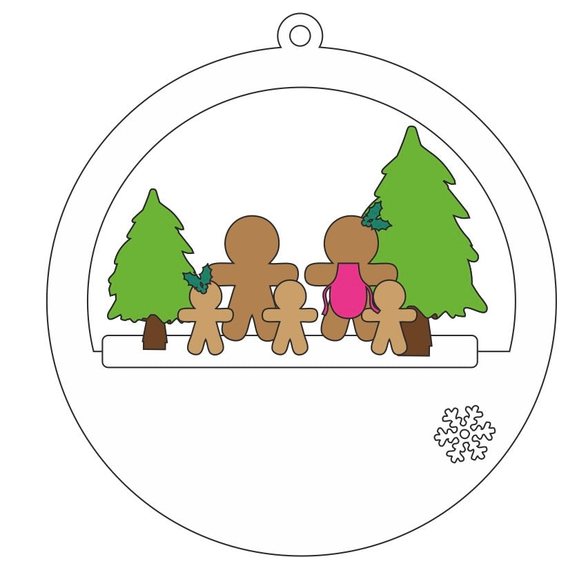 CH399 - MDF Christmas 3D layered bauble - Gingerbread Family - Olifantjie - Wooden - MDF - Lasercut - Blank - Craft - Kit - Mixed Media - UK