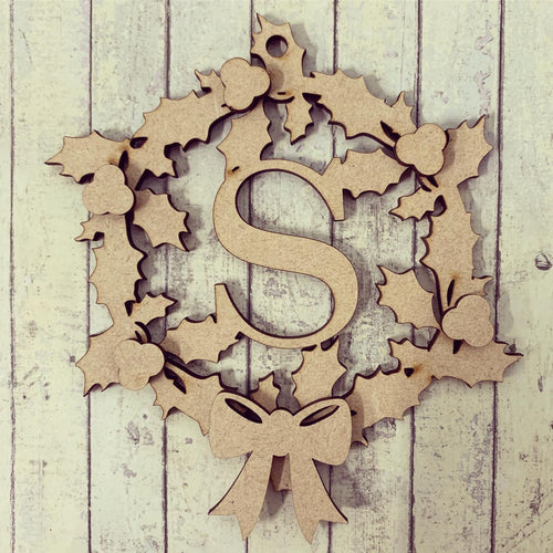 HI010 - MDF Personalised Hanging Circle Initial 10cm - Holly & Berry Wreath - Olifantjie - Wooden - MDF - Lasercut - Blank - Craft - Kit - Mixed Media - UK