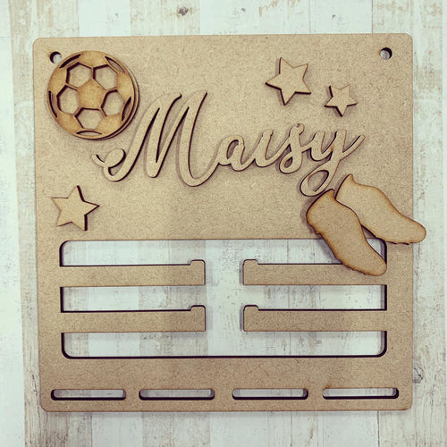 BH022 - MDF Football Themed - Medal / Bow Holder - Personalised & Choice of Shap- Medal / Bow Holder - Personalised & Choice of Shaped - Olifantjie - Wooden - MDF - Lasercut - Blank - Craft - Kit - Mixed Media - UK