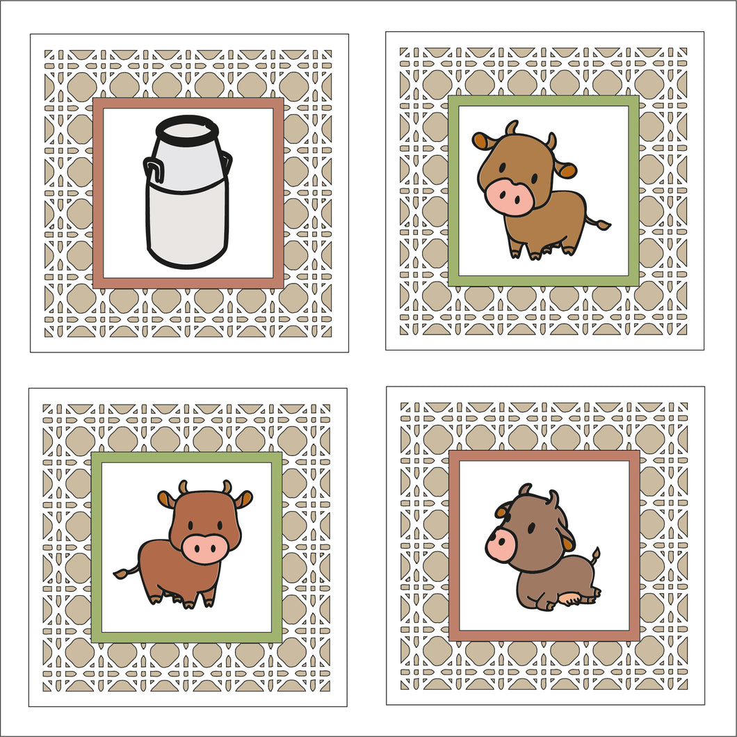 OL1752 - MDF set 4 rattan effect plaques - doodle Farm Cows - Olifantjie - Wooden - MDF - Lasercut - Blank - Craft - Kit - Mixed Media - UK