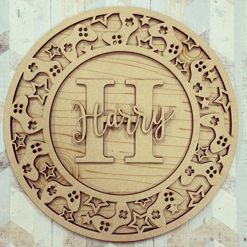 OL600 - MDF Personalised Circle Plaque Frame -  Gamers  Theme - Olifantjie - Wooden - MDF - Lasercut - Blank - Craft - Kit - Mixed Media - UK