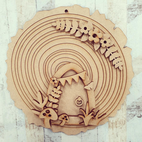 SFD007 - MDF Bunting Forest Fairy Door -  Wood Slice with Hanging Option - Olifantjie - Wooden - MDF - Lasercut - Blank - Craft - Kit - Mixed Media - UK