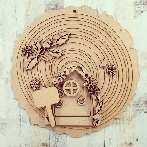 SFD008 - MDF Holly Winter Fairy Door -  Wood Slice with Hanging Option - Olifantjie - Wooden - MDF - Lasercut - Blank - Craft - Kit - Mixed Media - UK
