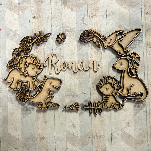 OL2897 - Personalised Dinosaur Doodle Oval Box Topper / Wreath two sizes - Olifantjie - Wooden - MDF - Lasercut - Blank - Craft - Kit - Mixed Media - UK