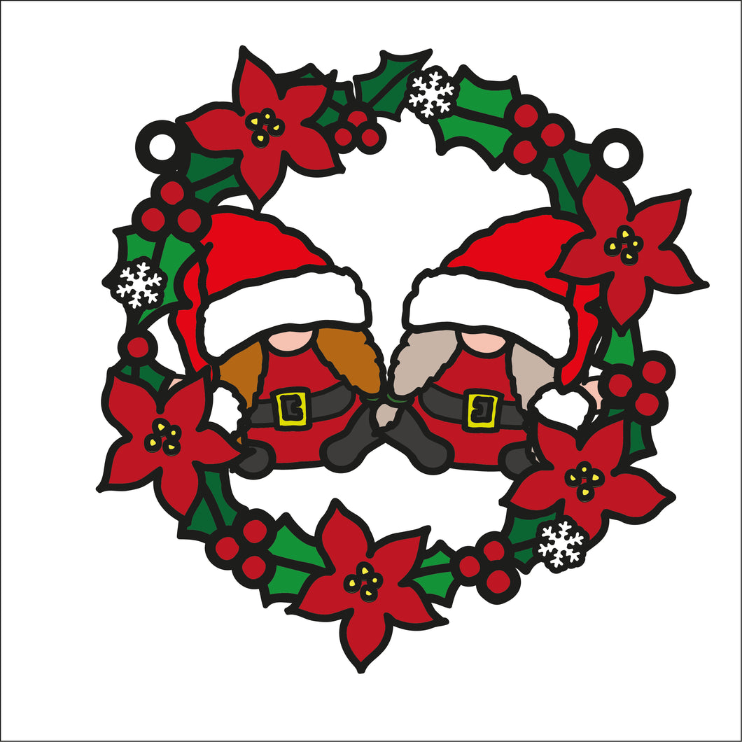 OL2706 - MDF Christmas Gonk / Gnome Couple doodle Holly Bauble - 2 Females - Olifantjie - Wooden - MDF - Lasercut - Blank - Craft - Kit - Mixed Media - UK