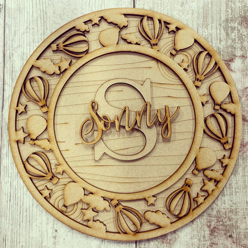 OL483 - MDF Personalised Circle Plaque Frame - Hotair balloon  Theme - Olifantjie - Wooden - MDF - Lasercut - Blank - Craft - Kit - Mixed Media - UK