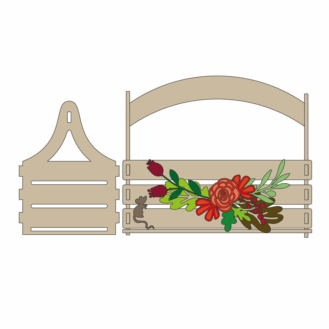 BK009 - MDF Slatted Basket - Autumn Flowers Theme - Olifantjie - Wooden - MDF - Lasercut - Blank - Craft - Kit - Mixed Media - UK