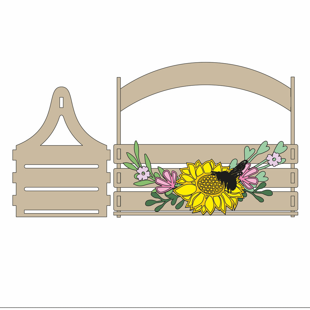 BK005 - MDF Slatted Basket - Sunflower Theme - Olifantjie - Wooden - MDF - Lasercut - Blank - Craft - Kit - Mixed Media - UK