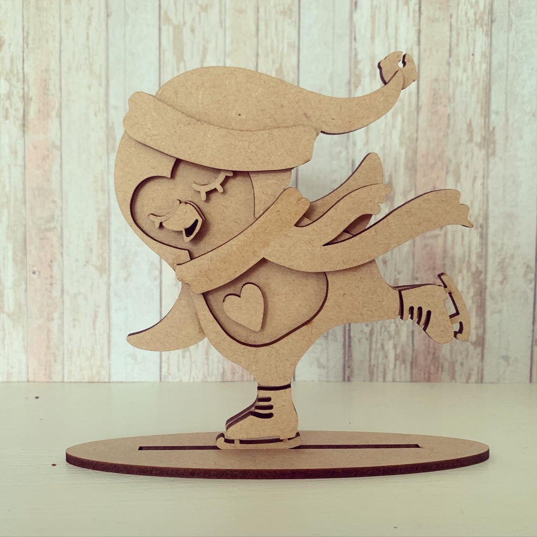 OL400 - MDF Freestanding Sarah Jane Winter Female Skating Penguin Bauble - Olifantjie - Wooden - MDF - Lasercut - Blank - Craft - Kit - Mixed Media - UK