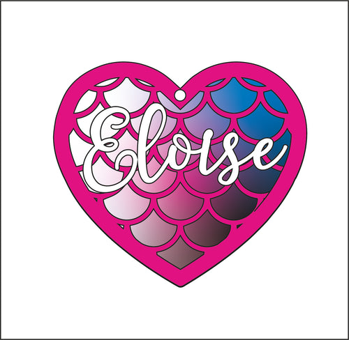 HB022- MDF Hanging Heart -  Personalised Mermaid Scale Layered - Olifantjie - Wooden - MDF - Lasercut - Blank - Craft - Kit - Mixed Media - UK