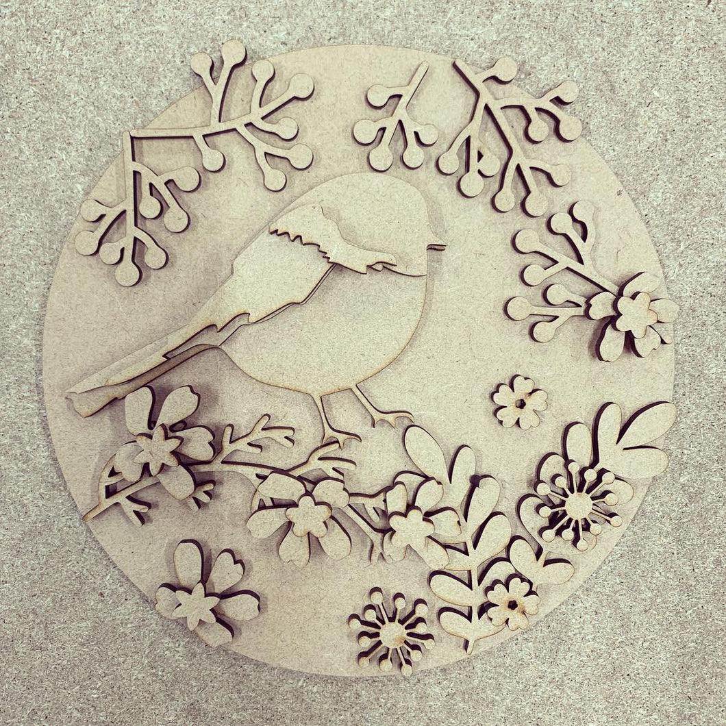 Sale OL294 - MDF Bird Full Floral Round Plaque - Olifantjie - Wooden - MDF - Lasercut - Blank - Craft - Kit - Mixed Media - UK