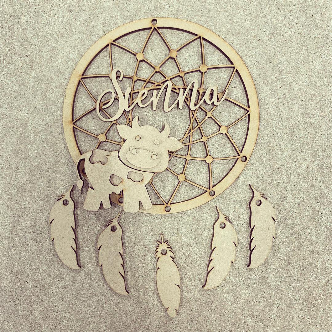 DC057 - MDF Cute Cow Dream Catcher - with Initials, Name or Wording - Olifantjie - Wooden - MDF - Lasercut - Blank - Craft - Kit - Mixed Media - UK