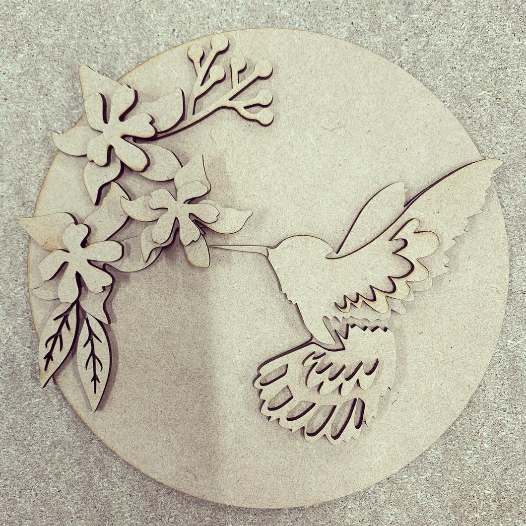 Sale OL293 - MDF Humming bird round floral plaque - Olifantjie - Wooden - MDF - Lasercut - Blank - Craft - Kit - Mixed Media - UK