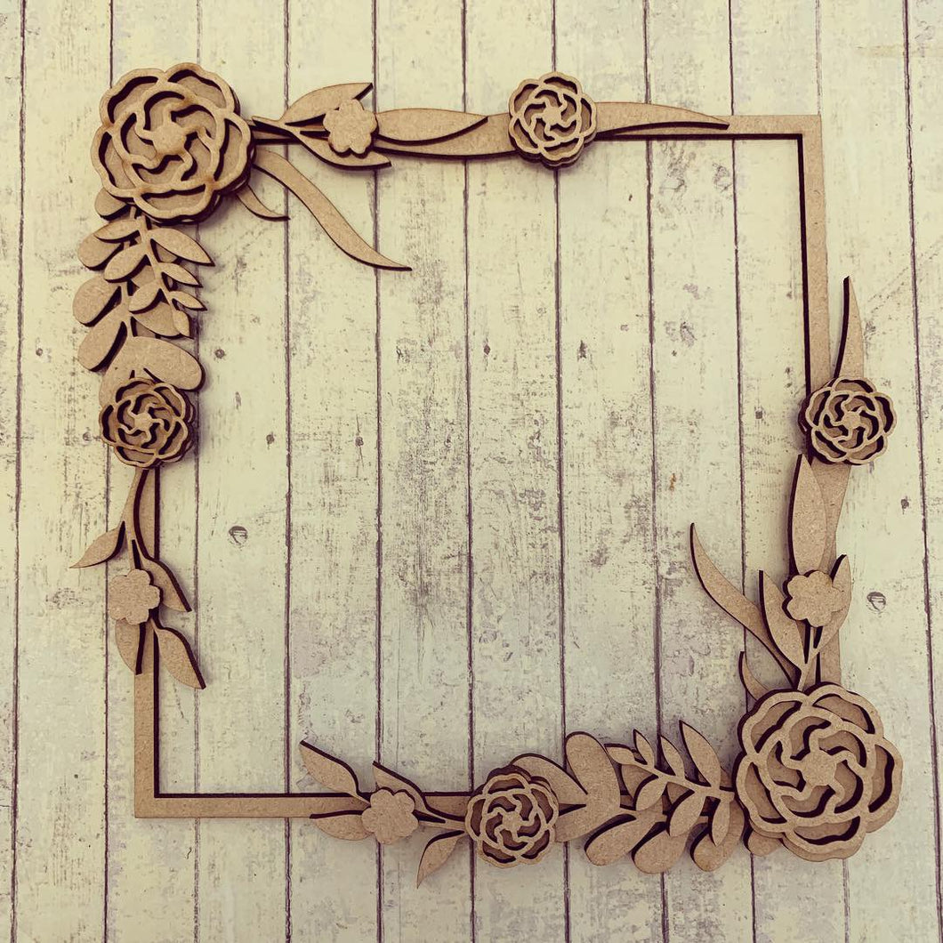 SW016 - MDF Rose Flower Long Stem Square Floral Wreath - Olifantjie - Wooden - MDF - Lasercut - Blank - Craft - Kit - Mixed Media - UK