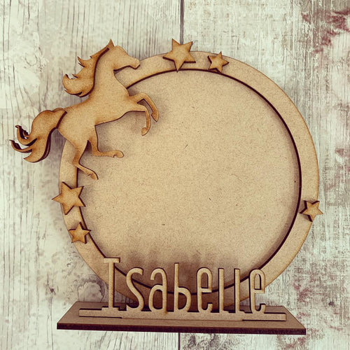 CF038 - MDF Horse Themed Personalised Freestanding Circular Photo Frame - Olifantjie - Wooden - MDF - Lasercut - Blank - Craft - Kit - Mixed Media - UK