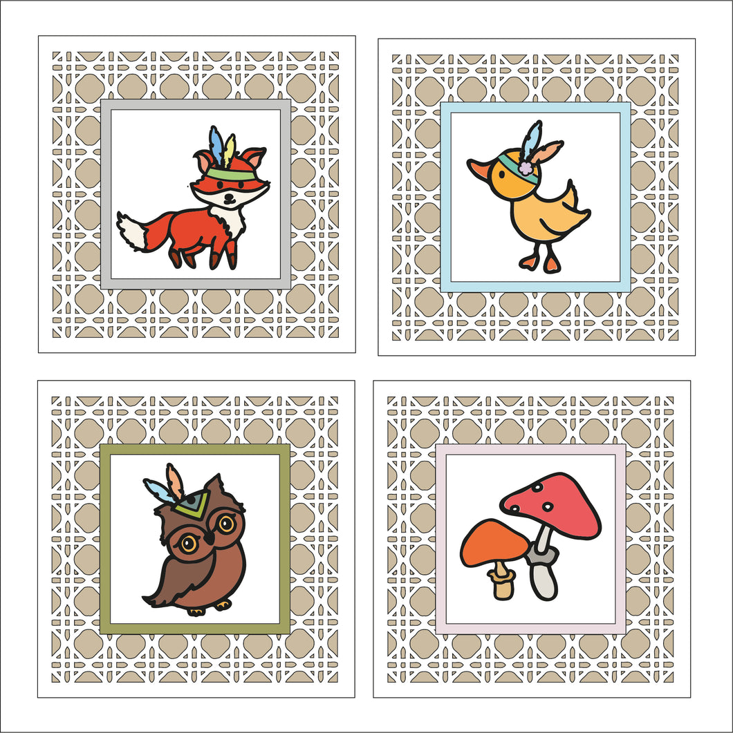 OL1834 - MDF set 4 rattan effect plaques - Tribal Doodle - Set 3 - Olifantjie - Wooden - MDF - Lasercut - Blank - Craft - Kit - Mixed Media - UK