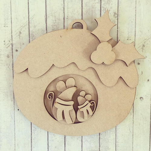 SJ098 - MDF Christmas Pudding Mice Christmas Decoration - Olifantjie - Wooden - MDF - Lasercut - Blank - Craft - Kit - Mixed Media - UK