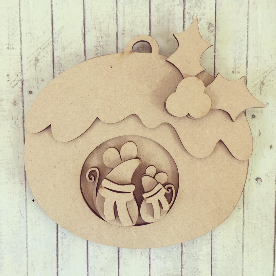 SJ098 - MDF Christmas Pudding Mice Christmas Decoration - Olifantjie - Wooden - MDF - Lasercut - Blank - Craft - Kit - Mixed Media - UK