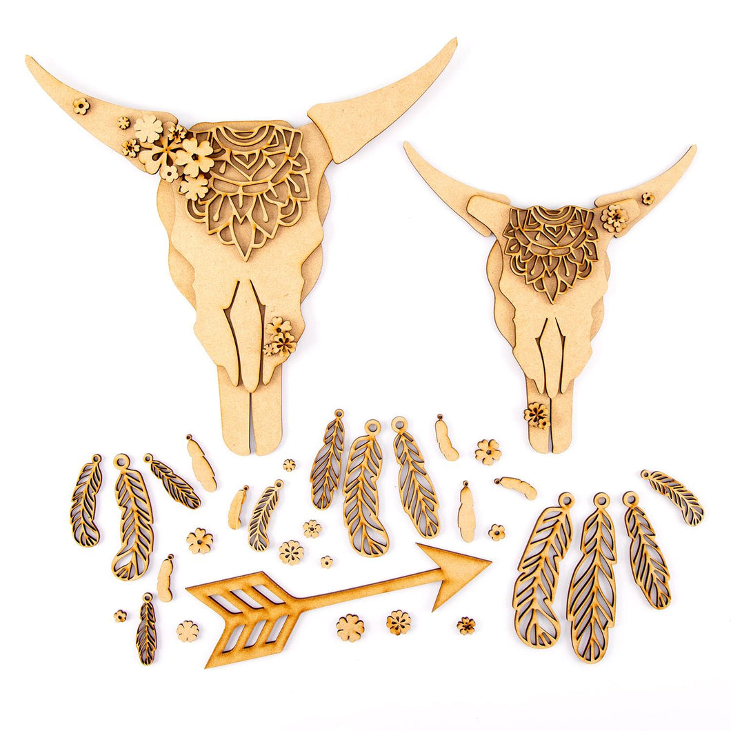 HC057 - MDF Large Steer-Head Skull Boho Mandala - 3 Kits - Olifantjie - Wooden - MDF - Lasercut - Blank - Craft - Kit - Mixed Media - UK