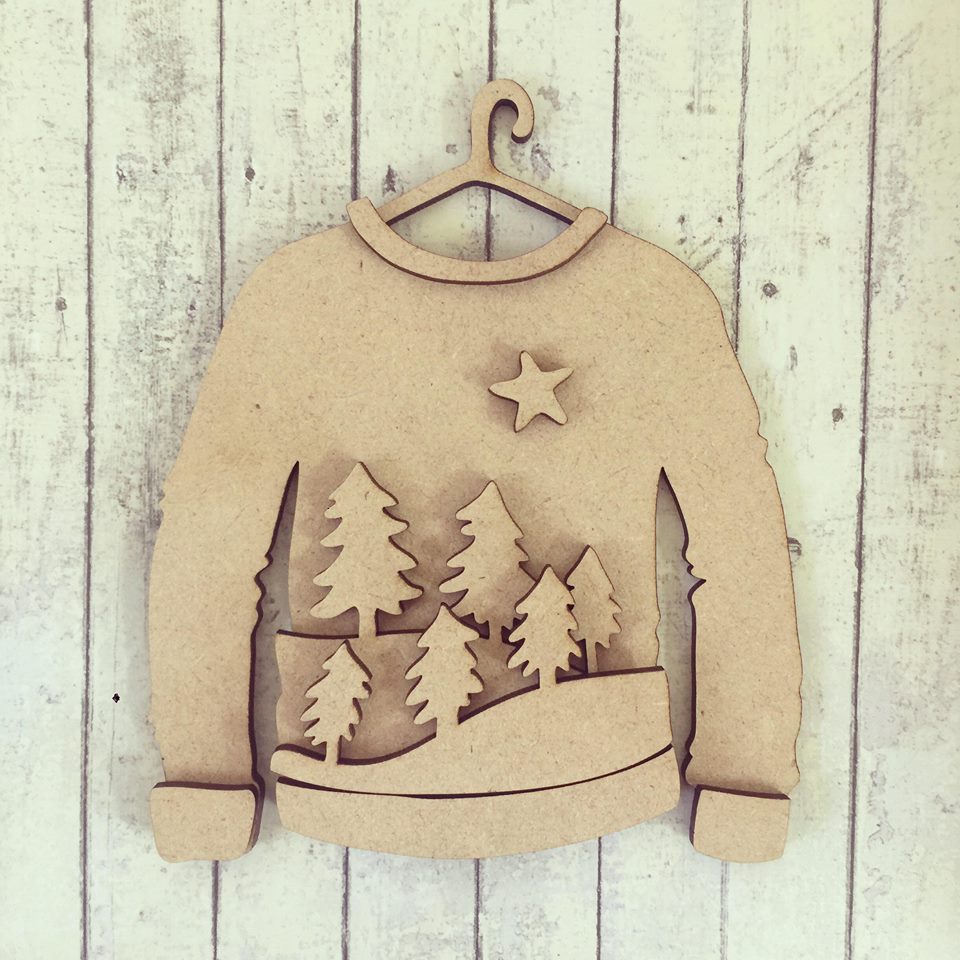 SJ091 - MDF Woodland Christmas Jumper - Olifantjie - Wooden - MDF - Lasercut - Blank - Craft - Kit - Mixed Media - UK